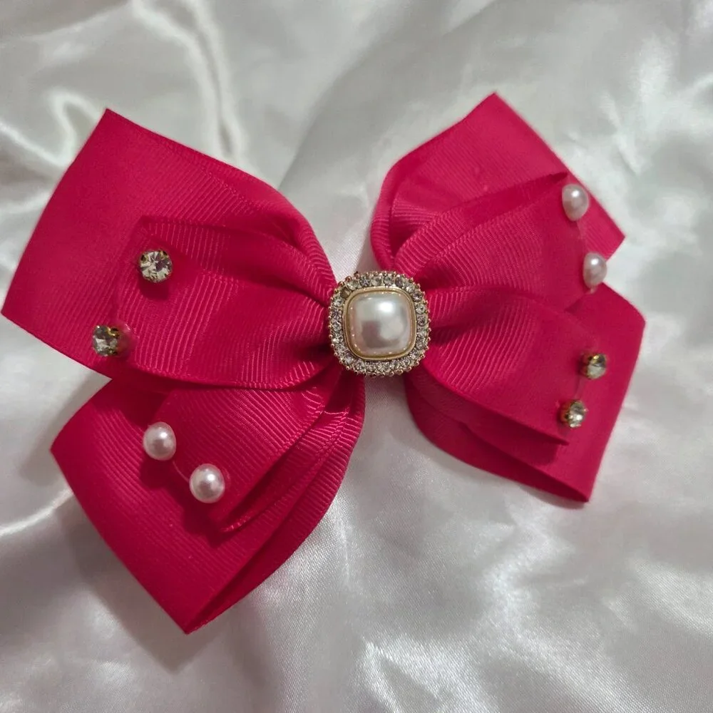 5pcs Pearl & Rhinestone Hair Bows ✨ Girls Elegant Ribbon Clips Cute Accessor